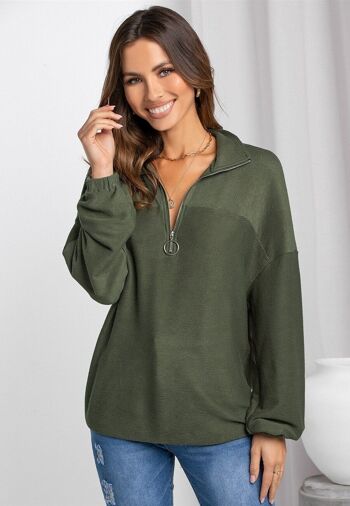 Sweat Zippé En Tricot Texturé-Vert Olive 2