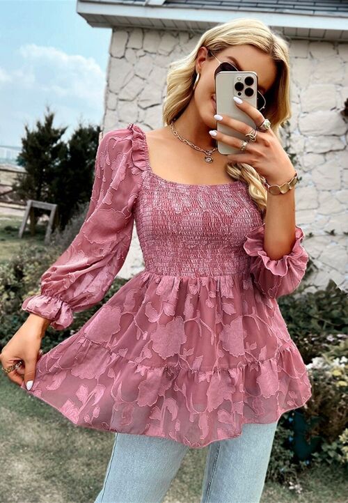 Shirred Floral Detail Peplum Blouse-Mauve Pink