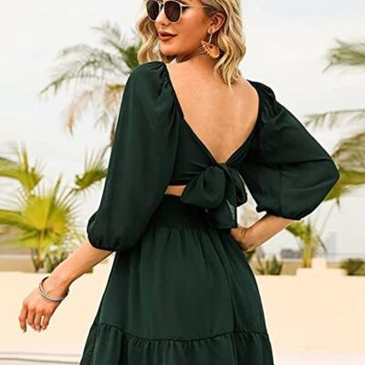 Square Neck Tie Back Dress-Dark Green