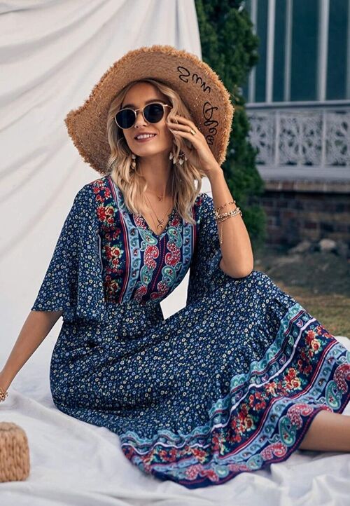 Boho Flared Sleeve Paisley Maxi Dress-Navy