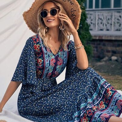 Boho Paisley-Maxikleid mit ausgestellten Ärmeln - Marineblau