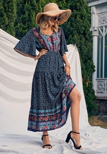 Boho Flared Sleeve Paisley Maxi Dress-Marine 2