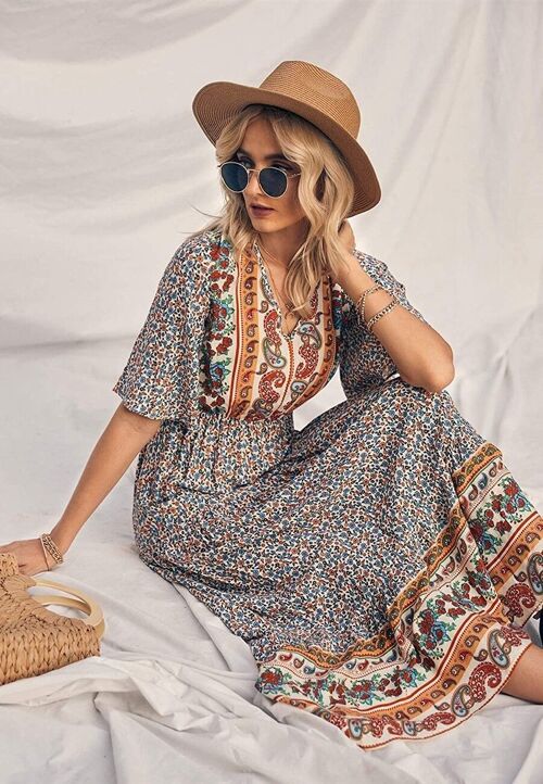 Boho Flared Sleeve Paisley Maxi Dress-Beige