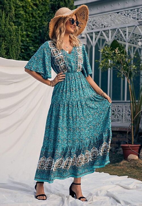 Boho Flared Sleeve Paisley Maxi Dress-Teal