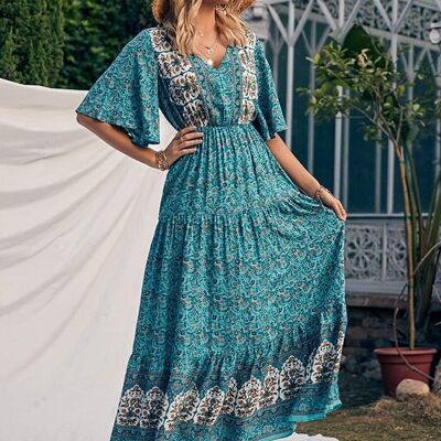 Boho Flared Sleeve Paisley Maxi Dress-Sarcelle