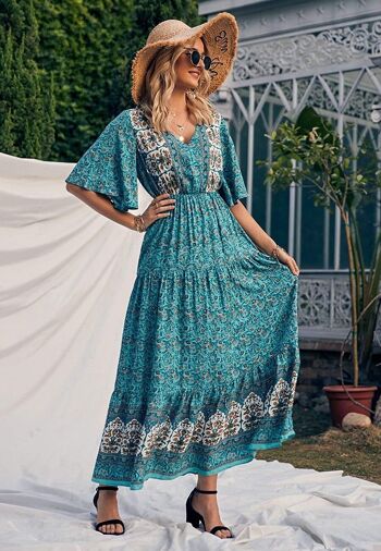 Boho Flared Sleeve Paisley Maxi Dress-Sarcelle 1