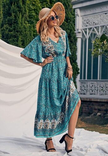 Boho Flared Sleeve Paisley Maxi Dress-Sarcelle 2