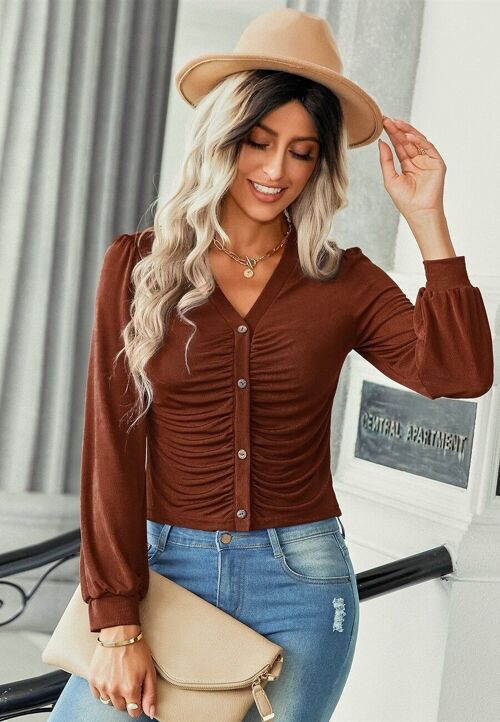 Ruched Button Down Cardigan Blouse-Brown