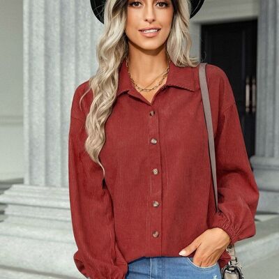Overshirt button down in velluto a coste-rosso rustico