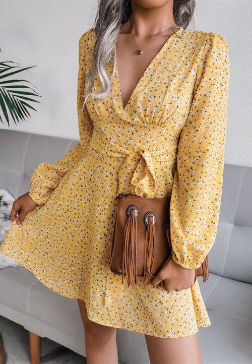 Plunge Floral Long Sleeve Dress-Yellow