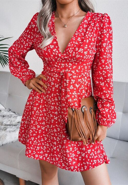 Plunge Floral Long Sleeve Dress-Red