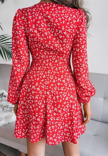 Robe à manches longues à fleurs et décolleté plongeant-Rouge 4