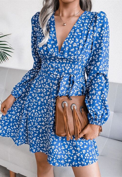 Plunge Floral Long Sleeve Dress-Blue