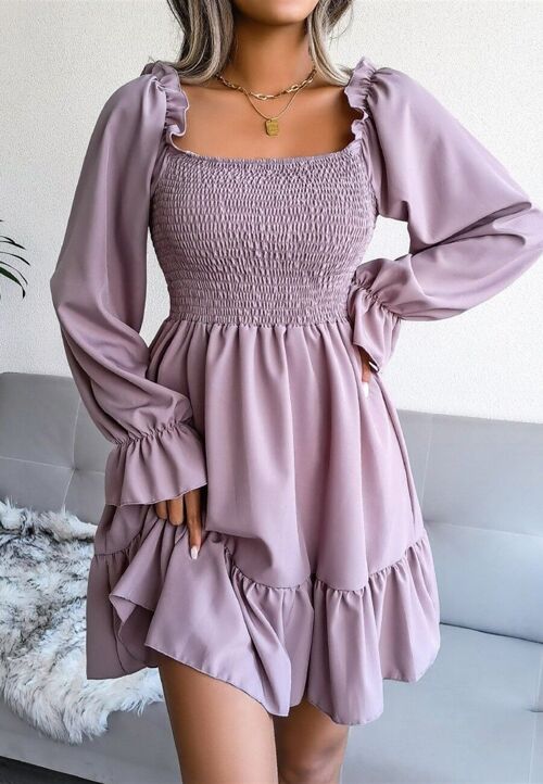 Solid Shirred Ruffle Hem Dress-Purple