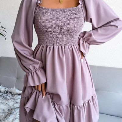 Solid Shirred Ruffle Hem Dress-Purple
