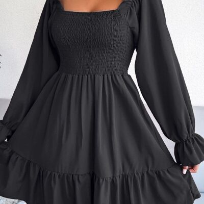 Solid Shirred Ruffle Hem Dress-Black