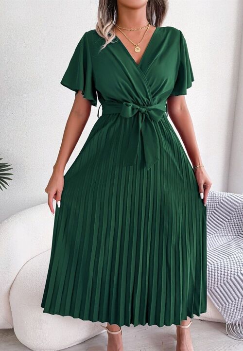 Flutter Sleeve Pleated Wrap Dress-Dark Green