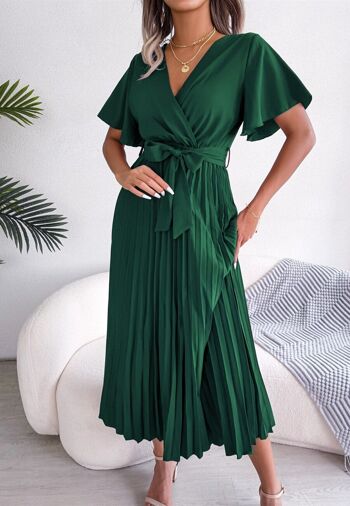 Robe portefeuille plissée à manches flottantes-Vert foncé 5