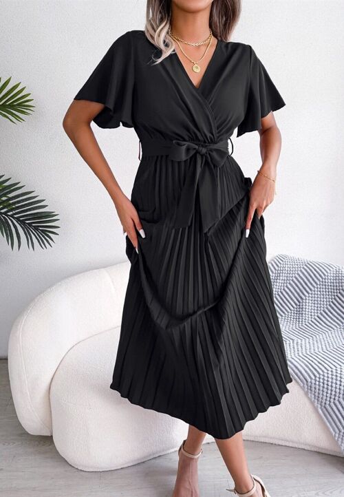 Flutter Sleeve Pleated Wrap Dress-Black