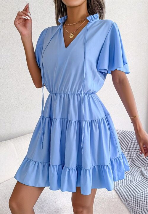 Tie Neck Tiered Dress-Blue