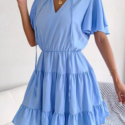 Tie Neck Tiered Dress-Blue