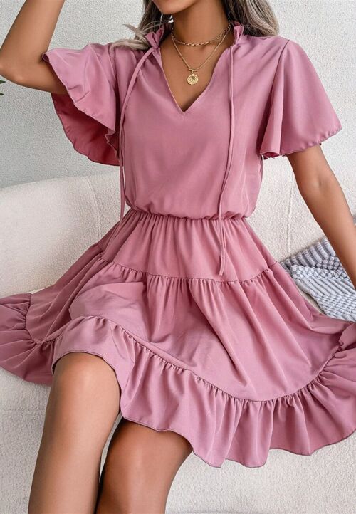 Tie Neck Tiered Dress-Pink