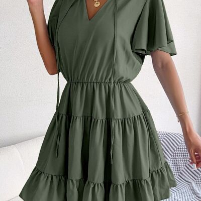 Tie Neck Tiered Dress-Dark Green
