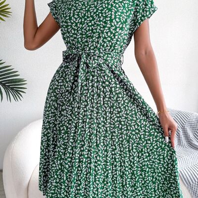 Ditsy Floral Print Pleated Dress-Green