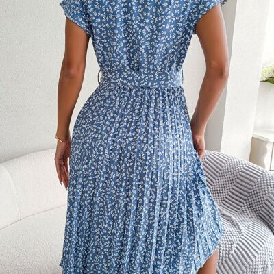 Ditsy Floral Print Pleated Dress-Light Blue