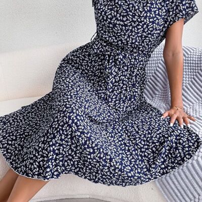 Ditsy Floral Print Pleated Dress-Navy
