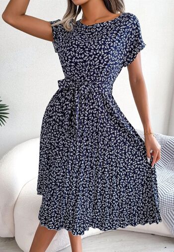 Robe plissée à imprimé petites fleurs-Marine 5