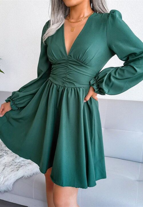 Plunge Neck Cinched Waist Dress-Dark Green