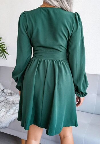 Robe à col plongeant et taille cintrée-Vert foncé 4