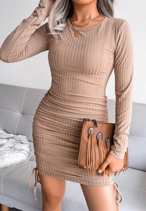 Ribbed Knit Drawstring Ruched Dress-Beige