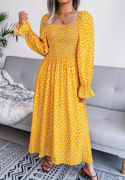 Square Neck Spotted Print Dress-Yellow