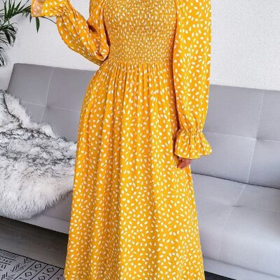 Kleid mit eckigem Ausschnitt und Fleckenmuster-Gelb