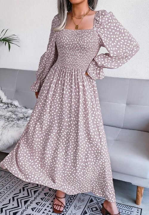 Square Neck Spotted Print Dress-Mauve Pink