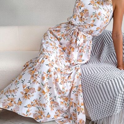 Neckholder-Kleid mit Blumenmuster und Bindeband-Beige