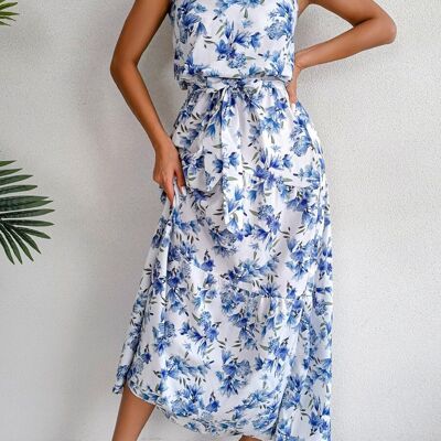 Neckholder-Kleid mit Blumenmuster und Bindeband-Blau
