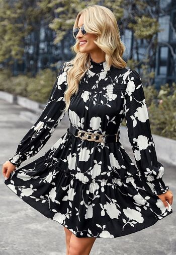 Robe à fleurs vintage à encolure froncée-Noir 4