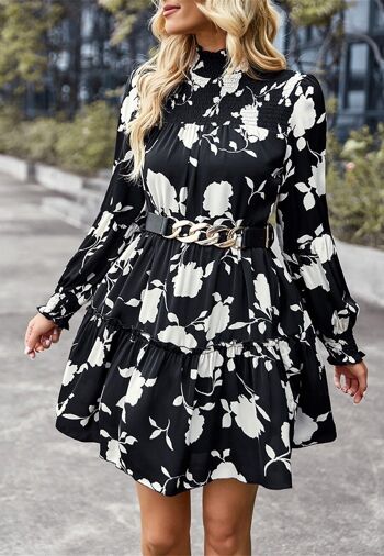 Robe à fleurs vintage à encolure froncée-Noir 5