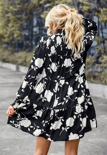 Robe à fleurs vintage à encolure froncée-Noir 6