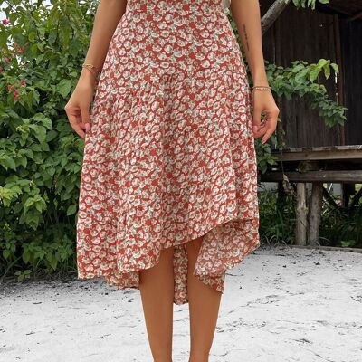 Printed Asymmetrical Hem Skirt-Burgundy