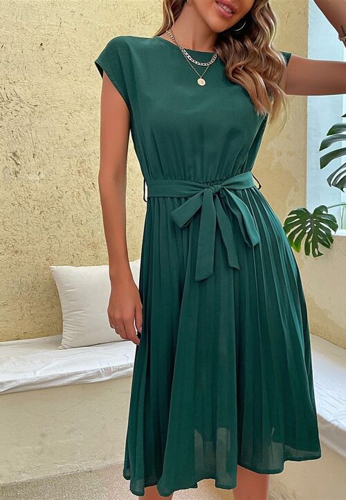 Cap Sleeve Pleated Dress-Olive Green