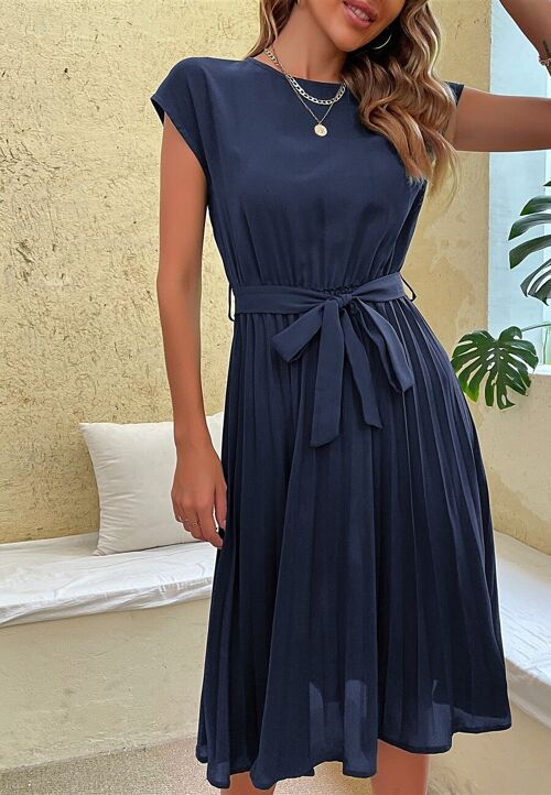 Cap Sleeve Pleated Dress-Navy