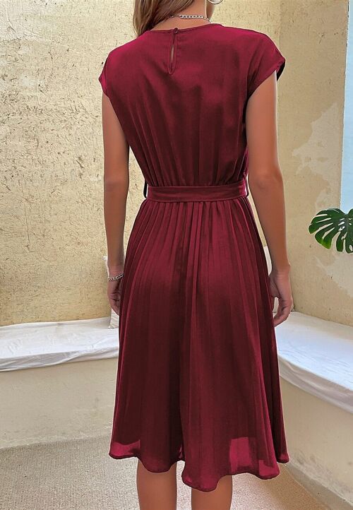 Cap Sleeve Pleated Dress-Burgundy