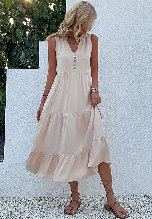 V Neck Tiered Midi Dress-Beige