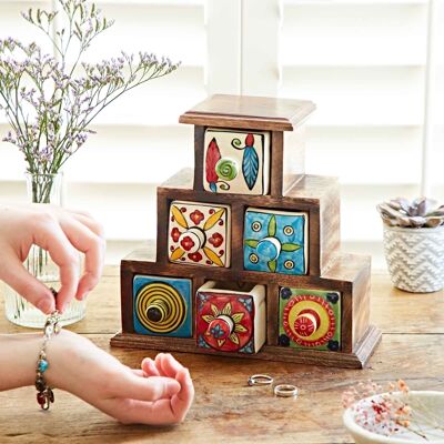 Multicoloured Mango Wood Pyramid 6 Drawer Jewellery Box