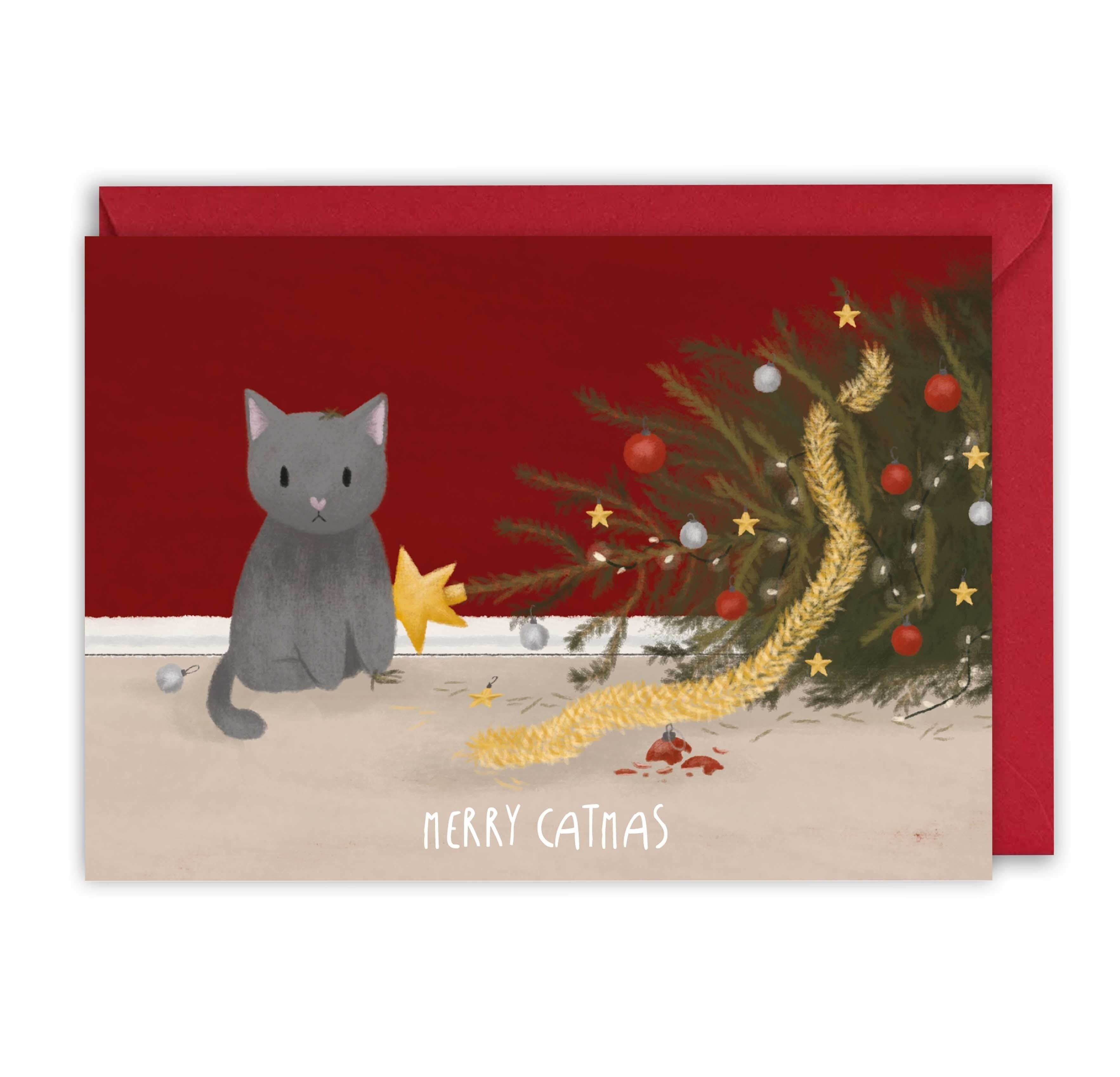 Katze-Weihnachtskarte - umgestürzter Weihnachtsbaum - fröhliche Catmas