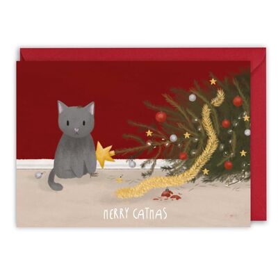 Katze-Weihnachtskarte - umgestürzter Weihnachtsbaum - fröhliche Catmas